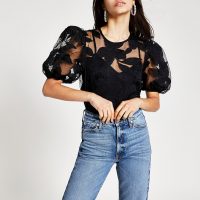 RIVER ISLAND Black floral short sleeve organza top