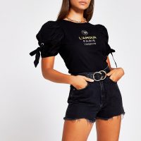 River Island Black Lamour Paris poplin tie tee | puff sleeve T-shirt