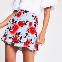 RIVER ISLAND Blue embellished rose design mini skirt / frill hem skirts