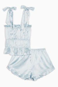 TOPSHOP Blue Satin Ruched Cami Pyjama Set – nightwear – pretty pyjamas