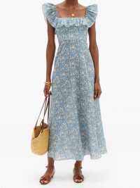 ZIMMERMANN Carnaby ruffle-neck floral-print linen midi dress / blue frill trim sundress