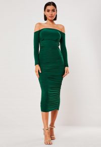 MISSGUIDED dark green bardot slinky ruched bodycon midaxi dress – fitted off the shoulder dresses