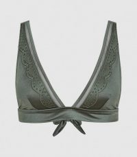 REISS DELLA CUTWORK TRIM BIKINI TOP KHAKI ~ plunge front bikinis