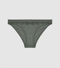 REISS DELLA CUTWORK TRIP BIKINI BRIEFS KHAKI ~ green mid-rise bikini bottoms