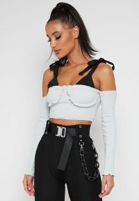 Manière De Voir FRILLED LONG SLEEVE CROP TOP – GREY