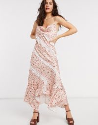 Ghospell floral maxi slip dress with lace inserts pink floral / asymmetric cami dresses