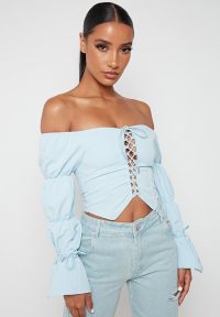 Manière De Voir LACE UP PUFF SLEEVE TOP – BLUE | summer bardot tops