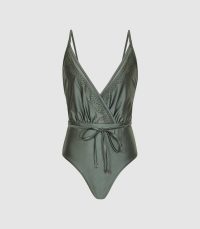 REISS LARA CUTWORK TRIM SWIMSUIT KHAKI ~ wrap front swimsuits ~ green swimwear