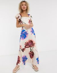 Liquorish square neck ruffle shoulder smock maxi dress in oversized bloom in ivory based floral / bold prints