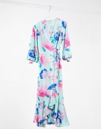 Liquorish wrap midaxi dress with cropped balloon sleeve in mint floral – green frill hem summer dresses