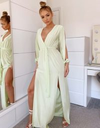 Missguided slinky plunge maxi dress with slit in lime