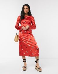 Nobody’s Child ruffle wrap midi dress in red floral satin