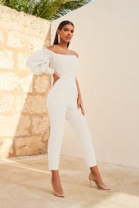 LAVISH ALICE one balloon sleeve tapered jumpsuit in white