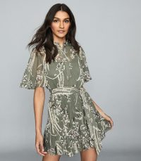 Reiss OTTY FLORAL PRINTED MINI DRESS KHAKI ~ tie waist floaty dresses