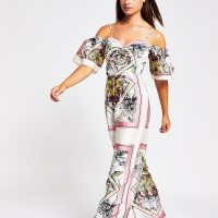 RIVER ISLAND Pink scarf print cold shoulder jumpsuit