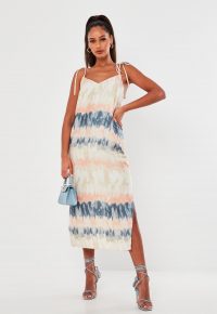 MISSGUIDED pink tie dye satin midi dress – tie strap slip dresses