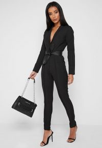 Manière De Voir PLUNGE JUMPSUIT WITH VEGAN LEATHER BELT – BLACK