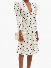 ADRIANA DEGREAS Plunge-neck polka-dot poplin midi-dress | balloon sleeve fit and flare