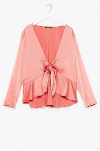 NASTY GAL Plus Satin Tie Front Hem Blouse Amber