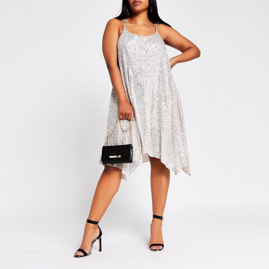 RIVER ISLAND Plus Silver Sequin Cami Dress – asymmetric slip dresses