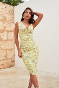 LAVISH ALICE cowl neck asymmetric midi dress in yellow floral print