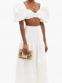 ADRIANA DEGREAS Puffed-sleeve cotton-blend cropped top | white puff sleeved crop tops