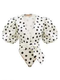 ADRIANA DEGREAS Puffed-sleeve polka-dot cotton-blend bodysuit | deep V-necklines | puff sleeved bodysuits