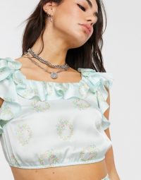 Reclaimed Vintage inspired top with ruffle blue floral print / frill trimmed crop tops