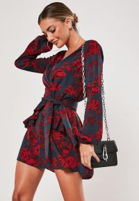 MISSGUIDED red floral frill waist v neck smock dress