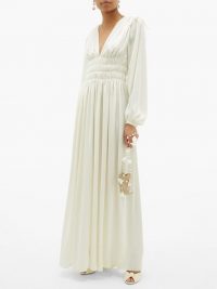 MAISON RABIH KAYROUZ Shirred-waist ruched-shoulder satin dress ~ plunging V-neck gowns