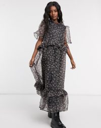 Sister Jane maxi dress with ruffle detail in black floral organza / semi sheer dresses