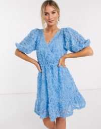 Vero Moda textured mini dress with puff sleeves in blue