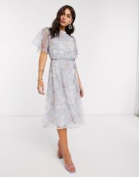 Vila chiffon midi dress with open back and flutter sleeves in soft blue floral / angel sleeve dresses