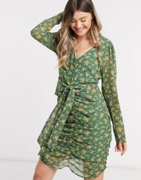 Vila chiffon mini dress with ruched front in green floral / gathered dresses