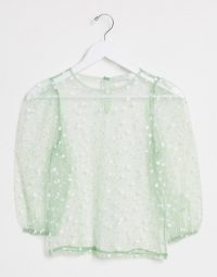 Vila sheer organza top with puff sleeves in green – spot print tops