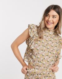 Y.A.S chiffon blouse with ruffle detail in beige floral / high neck frill trimmed tops