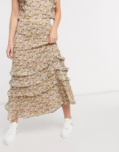 Y.A.S chiffon maxi skirt co-ord in beige floral / tiered summer skirts