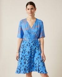 JIGSAW ANIMAL FLORAL PRINT WRAP DRESS / blue mixed print dresses