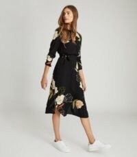 REISS ARLEY FLORAL PRINTED MIDI DRESS BLACK ~ side split A-line dresses