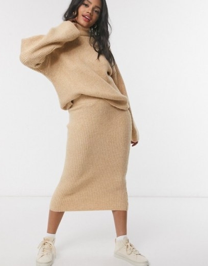 ASOS DESIGN fluffy roll neck jumper and skirt in camel | kniited co-ords