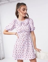 ASOS DESIGN mini skater dress with collar detail in lilac floral print | puff sleeve dresses