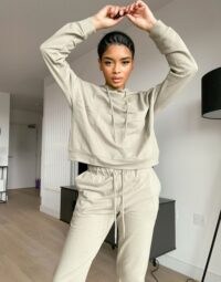 ASOS DESIGN Petite tracksuit hoodie / slim jogger with tie in organic cotton in pale khaki ~ hoodies & joggers ~ sports fashion sets