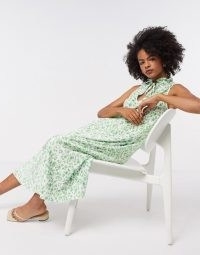 ASOS DESIGN plisse midi dress with frill neck in green floral / sleeveless ditsy print dresses