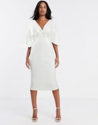 ASOS DESIGN structured cape sleeve shirt midi pencil dress in white