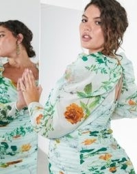 ASOS EDITION Curve ruched mini dress with puff sleeves in green floral print | plus size party dresses | curvy occasion wear