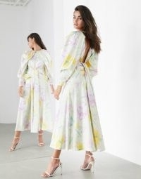 ASOS EDITION satin drape maxi dress in lemon bloom print / draped open back dresses