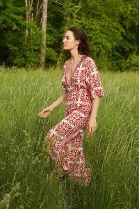 Farm Rio Carmina Button-Front Jumpsuit / red deep plunge jumpsuits