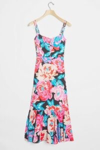 ANTHROPOLOGIE Tina Flounced Midi Dress Pink Combo / bold flower prints