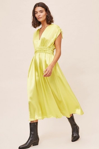 ANTHROPOLOGIE Sarika Midi Dress ~ yellow silky-look gathered waist dresses