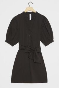 Amadi Glisy Puff-Sleeved Mini Shirtdress ~ black tie waist shirt dresses ~ lbd